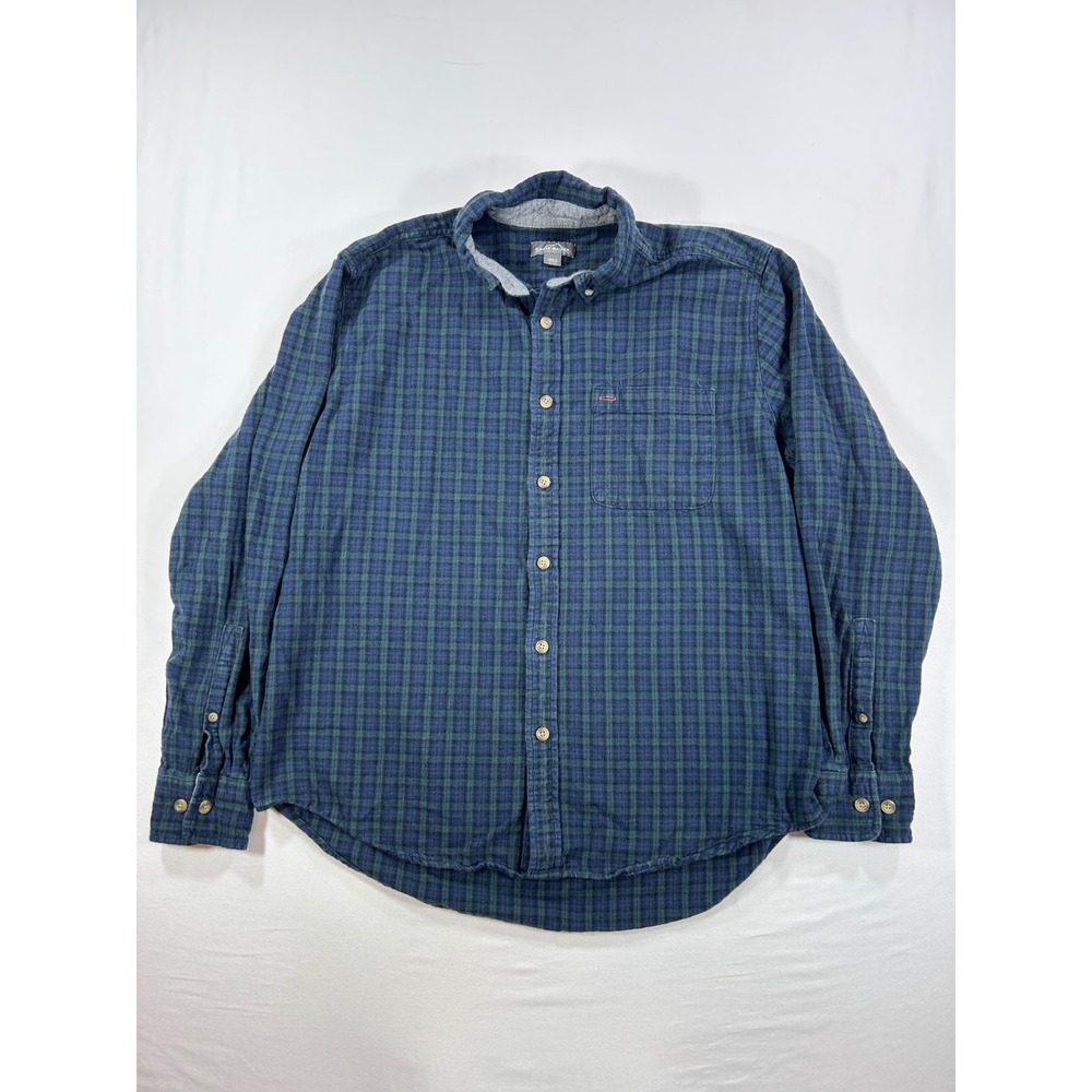 Eddie Bauer Mens XL Blue Green Plaid Flannel Button Down Shirt Long Sleeve